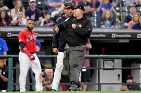 CLEVELAND, OHIO – MAY 25: Manager Terry Francona #77 of the Cleveland Indians is ejected by third base umpire Eric Cooper during the sixth inning against the Tampa Bay Rays at Progressive Field on May 25, 2019 in Cleveland, Ohio. (Photo by Jason Miller/Getty Images)