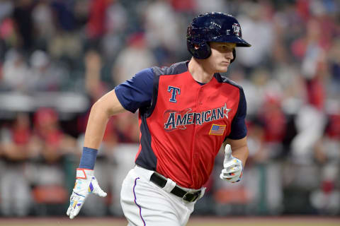 CLEVELAND, OHIO – JULY 07: Sam Huff #28 rounds the bases after hitting a two run home run to tie the game during the seventh inning against the National League team during the All-Stars Futures Game at Progressive Field on July 07, 2019 in Cleveland, Ohio. The American and National League teams tied 2-2. (Photo by Jason Miller/Getty Images)