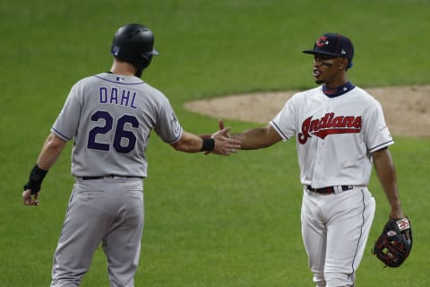 CLEVELAND, OHIO – JULY 09: David Dahl #26 of the Colorado Rockies and Francisco Lindor #12 of the Cleveland Indians (Photo by Kirk Irwin/Getty Images)