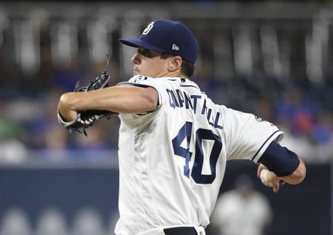 SAN DIEGO, CA – SEPTEMBER 9: Cal Quantrill #40 of the San Diego Padres pitches during the first inning of a baseball game against the Chicago Cubs at Petco Park September 9, 2019 in San Diego, California. (Photo by Denis Poroy/Getty Images)