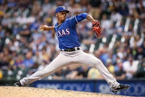 MILWAUKEE, WISCONSIN – AUGUST 09: Emmanuel Clase #43 of the Texas Rangers pitches in the eighth inning against the Milwaukee Brewers at Miller Park on August 09, 2019 in Milwaukee, Wisconsin. (Photo by Dylan Buell/Getty Images)