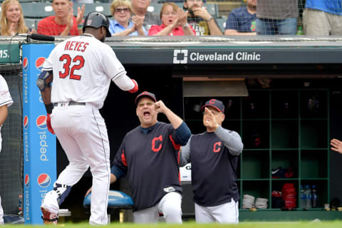 CLEVELAND, OHIO – AUGUST 12: Franmil Reyes #32 of the Cleveland Indians celebrates with manager Terry Francona #77 after hitting a two-run home run in the first inning against the Boston Red Sox at Progressive Field on August 12, 2019 in Cleveland, Ohio. (Photo by Jason Miller/Getty Images)