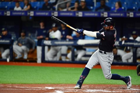 ST PETERSBURG, FLORIDA – AUGUST 30: Tyler Naquin #30 of the Cleveland Indians hits a double off of Austin Pruitt of the Tampa Bay Rays in the second inning of a baseball game at Tropicana Field on August 30, 2019 in St Petersburg, Florida. (Photo by Julio Aguilar/Getty Images)