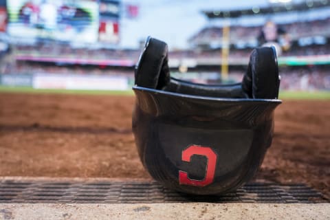 WASHINGTON, DC – SEPTEMBER 28: A Cleveland Indians batting helmet is seen on the warning track during the seventh inning of the game between the Washington Nationals and the Cleveland Indians at Nationals Park on September 28, 2019 in Washington, DC. (Photo by Scott Taetsch/Getty Images)