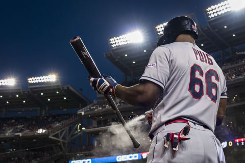 WASHINGTON, DC – SEPTEMBER 27: Yasiel Puig #66 of the Cleveland Indians warms up against the Washington Nationals during the first inning at Nationals Park on September 27, 2019 in Washington, DC. (Photo by Scott Taetsch/Getty Images)