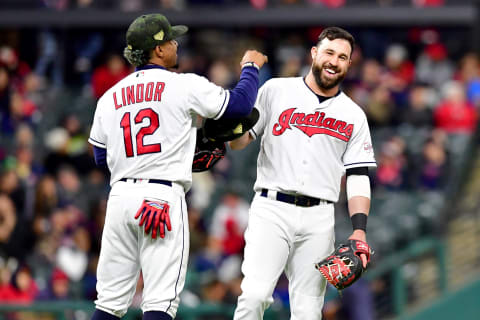 CLEVELAND, OHIO – MAY 17: Francisco Lindor #12 jokes with Jason Kipnis #22 of the Cleveland Indians during a pitching change in the seventh inning against the Baltimore Orioles at Progressive Field on May 17, 2019 in Cleveland, Ohio. (Photo by Jason Miller/Getty Images)