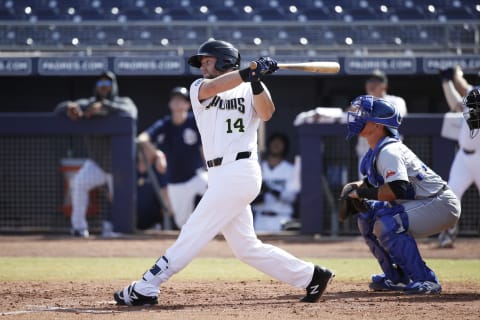 GLENDALE, AZ – OCTOBER 15: Owen Miller #14 of the Peoria Javelinas (San Diego Padres) bats against the Salt River Rafters during an Arizona Fall League game at Peoria Sports Complex on October 16, 2019 in Peoria, Arizona. (Photo by Joe Robbins/Getty Images)