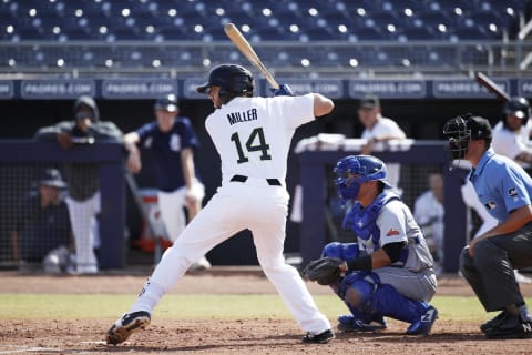 PEORIA, AZ – OCTOBER 16: Owen Miller #14 of the Peoria Javelinas (San Diego Padres) bats against the Salt River Rafters during an Arizona Fall League game at Peoria Sports Complex on October 16, 2019 in Peoria, Arizona. (Photo by Joe Robbins/Getty Images)