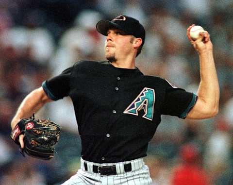 Arizona Diamondback starting pitcher Brian Anderson delivers during early action versus the Texas Rangers at the Ballpark in Arlington in Arlington, Texas, 02 June 2000. AFP PHOTO Paul BUCK (Photo by PAUL BUCK / AFP) (Photo by PAUL BUCK/AFP via Getty Images)