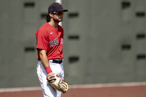 BOSTON, MA – JULY 9: Andrew Benintendi #16 of the Boston Red Sox looks on during an intrasquad game during a summer camp workout before the start of the 2020 Major League Baseball season on July 9, 2020 at Fenway Park in Boston, Massachusetts. The season was delayed due to the coronavirus pandemic. (Photo by Billie Weiss/Boston Red Sox/Getty Images)