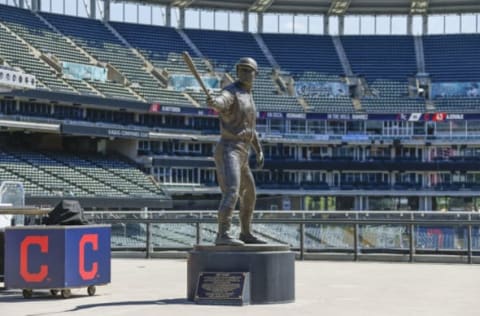 CLEVELAND, OH – JULY 13: The Jim Thome statue at Progressive Field before the Cleveland Indians play an intrasquad game during summer workouts on July 13, 2020 in Cleveland, Ohio. (Photo by Ron Schwane/Getty Images)