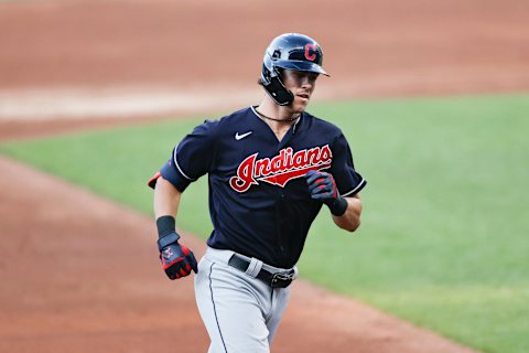 CLEVELAND, OH – JULY 13: Nolan Jones #95 of the Cleveland Indians rounds the bases after hitting a solo home run in the third inning of an intrasquad game during summer workouts at Progressive Field on July 13, 2020 in Cleveland, Ohio. (Photo by Ron Schwane/Getty Images)