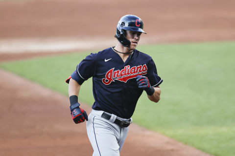 CLEVELAND, OH – JULY 13: Nolan Jones #95 of the Cleveland Indians rounds the bases after hitting a solo home run in the third inning of an intrasquad game during summer workouts at Progressive Field on July 13, 2020 in Cleveland, Ohio. (Photo by Ron Schwane/Getty Images)