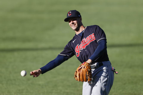 CLEVELAND, OH – JULY 13: Ernie Clement #84 of the Cleveland Indians warms up before an intrasquad game during summer workouts at Progressive Field on July 13, 2020 in Cleveland, Ohio. (Photo by Ron Schwane/Getty Images)