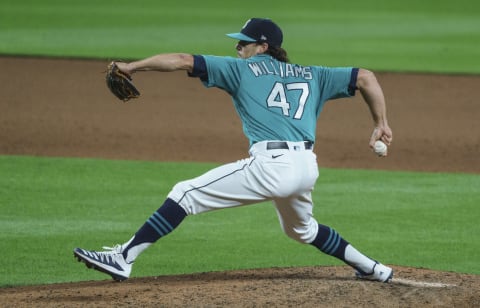 SEATTLE, WA – AUGUST 21: Starter Taylor Williams #47 of the Seattle Mariners delivers a pitch during the ninth inning of a game against the Texas Rangers at T-Mobile Park on August, 21, 2020 in Seattle, Washington. The Mariners won 7-4. (Photo by Stephen Brashear/Getty Images)