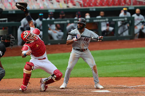 ST LOUIS, MO – AUGUST 29: Yadier Molina #42 catches a high pitch during an at-bat against Delino DeShields #42 of the Cleveland Indians in the twelfth inning at Busch Stadium on August 29, 2020 in St Louis, Missouri. All players are wearing #42 in honor of Jackie Robinson Day. The day honoring Jackie Robinson, traditionally held on April 15, was rescheduled due to the COVID-19 pandemic. (Photo by Dilip Vishwanat/Getty Images)