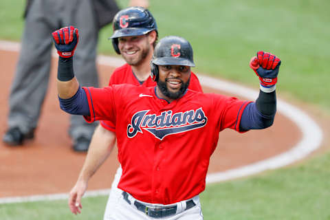 CLEVELAND, OH – SEPTEMBER 08: Carlos Santana #41 of the Cleveland Indians celebrates with Mike Freeman #6 after hitting a two run home run off starting pitcher Jakob Junis #65 of the Kansas City Royals (not pictured) during the first inning at Progressive Field on September 08, 2020 in Cleveland, Ohio. (Photo by Ron Schwane/Getty Images)