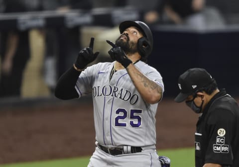 Matt Kemp #25 of the Colorado Rockies (Photo by Denis Poroy/Getty Images)