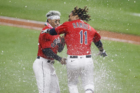 CLEVELAND, OH – SEPTEMBER 22: Jose Ramirez #11 of the Cleveland Indians celebrates with Francisco Lindor #12 after hitting a walk-off three-run home run off José Ruiz #66 of the Chicago White Sox during the tenth inning at Progressive Field on September 22, 2020 in Cleveland, Ohio. The Indians defeated the White Sox 5-3. (Photo by Ron Schwane/Getty Images)