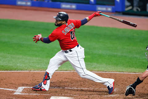 CLEVELAND, OH – SEPTEMBER 23: Carlos Santana #41 of the Cleveland Indians hits a double off Lucas Giolito #27 of the Chicago White Sox during the sixth inning at Progressive Field on September 23, 2020 in Cleveland, Ohio. The Indians defeated the White Sox 3-2. (Photo by Ron Schwane/Getty Images)