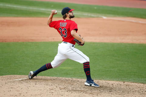 CLEVELAND, OH – SEPTEMBER 27: Brad Hand #33 of the Cleveland Indians throws a pitch while completing the save during the ninth inning of the game against the Pittsburgh Pirates at Progressive Field on September 27, 2020 in Cleveland, Ohio. Cleveland defeated Pittsburgh 8-6. (Photo by Kirk Irwin/Getty Images)