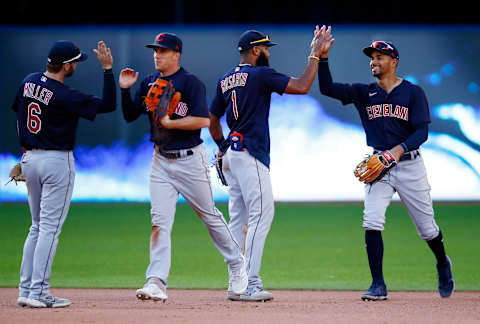 Owen Miller #6, Myles Straw #7, Ahmed Rosario #1 and Oscar Mercado #35 of the Cleveland Indians (Photo by Vaughn Ridley/Getty Images)