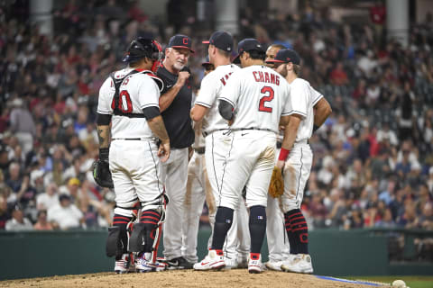 The Cleveland Indians meet at the mound (Photo by Nic Antaya/Getty Images)