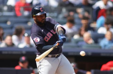 NEW YORK, NEW YORK – APRIL 23: Franmil Reyes #32 of the Cleveland Guardians in action against the New York Yankees at Yankee Stadium on April 23, 2022 in New York City. New York Yankees defeated the Cleveland Guardians 5-4. (Photo by Mike Stobe/Getty Images)