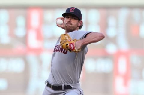 MINNEAPOLIS, MN – MAY 14: Shane Bieber #57 of the Cleveland Guardians delivers a pitch against the Minnesota Twins in the first inning of the game at Target Field on May 14, 2022 in Minneapolis, Minnesota. (Photo by David Berding/Getty Images)