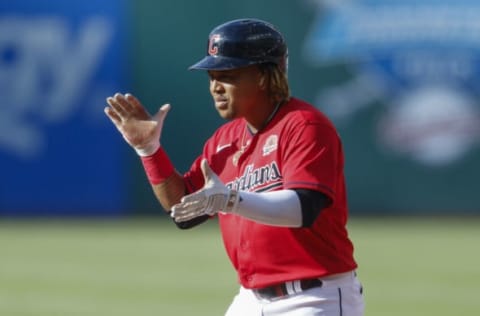 CLEVELAND, OH – MAY 30: Jose Ramirez #11 of the Cleveland Guardians celebrates his RBI single against Jonathan Heasley of the Kansas City Royals in the first inning at Progressive Field on May 30, 2022 in Cleveland, Ohio. (Photo by Ron Schwane/Getty Images)