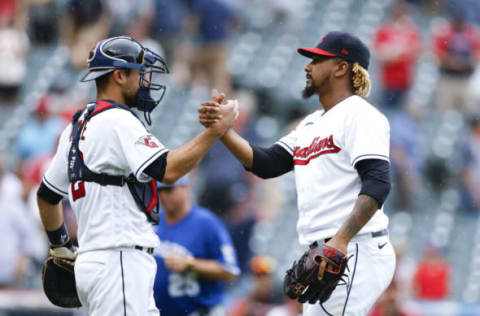 CLEVELAND, OH – JUNE 01: Luke Maile #12 and Emmanuel Clase #48 of the Cleveland Guardians celebrate a 4-0 win against the Kansas City Royals at Progressive Field on June 01, 2022 in Cleveland, Ohio. (Photo by Ron Schwane/Getty Images)