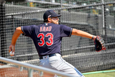 CLEVELAND, OHIO – JULY 08: Brad Hand #33 of the Cleveland Indians pitches during summer workouts at Progressive Field on July 08, 2020 in Cleveland, Ohio. (Photo by Jason Miller/Getty Images)