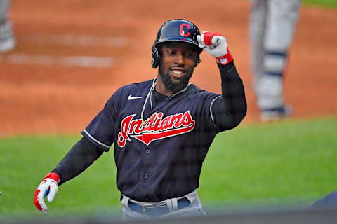 CLEVELAND, OHIO – JULY 09: Daniel Johnson #71 of the Cleveland Indians pretends to celebrate with a teammate after hitting a home run during the fourth inning of an intrasquad game during summer workouts at Progressive Field on July 09, 2020 in Cleveland, Ohio. (Photo by Jason Miller/Getty Images)