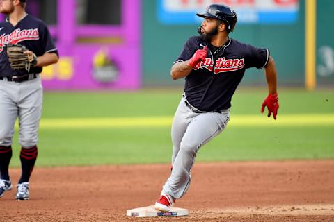 CLEVELAND, OHIO – JULY 15: Bobby Bradley #40 of the Cleveland Indians rounds second on a hit to the outfield in the third inning of an intrasquad game at Progressive Field on July 15, 2020 in Cleveland, Ohio. (Photo by Jason Miller/Getty Images)