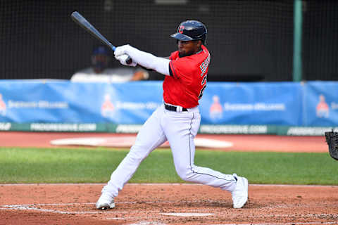 CLEVELAND, OHIO – JULY 25: Daniel Johnson #23 fo the Cleveland Indians at bat during the fourth inning of his major league debut against the Kansas City Royals at Progressive Field on July 25, 2020 in Cleveland, Ohio. The Royals defeated the Indians 3-2 in ten innings. The 2020 season had been postponed since March due to the COVID-19 pandemic. (Photo by Jason Miller/Getty Images)