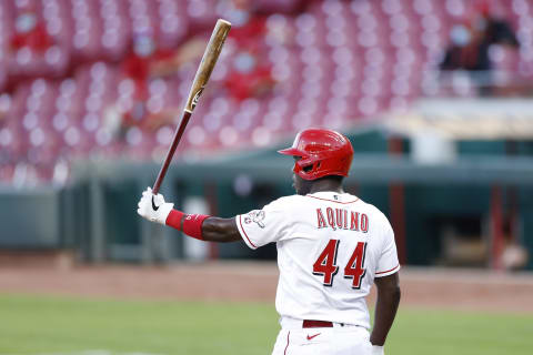 CINCINNATI, OH – JULY 28: Aristides Aquino #44 of the Cincinnati Reds bats during the game against the Chicago Cubs at Great American Ball Park on July 28, 2020 in Cincinnati, Ohio. The Cubs defeated the Reds 8-5. (Photo by Joe Robbins/Getty Images)