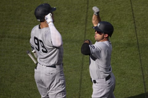 PHILADELPHIA, PA – AUGUST 05: Brett Gardner #11 of the New York Yankees celebrates with Aaron Judge #99 after hitting a two run home run in the bottom of the second inning against the Philadelphia Phillies during Game One of the doubleheader at Citizens Bank Park on August 5, 2020 in Philadelphia City. (Photo by Mitchell Leff/Getty Images)