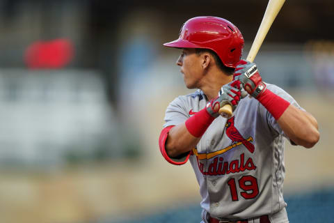 MINNEAPOLIS, MN – JULY 28: Tommy Edman #19 of the St. Louis Cardinals bats against the Minnesota Twins on July 28, 2020 at the Target Field in Minneapolis, Minnesota. (Photo by Brace Hemmelgarn/Minnesota Twins/Getty Images)