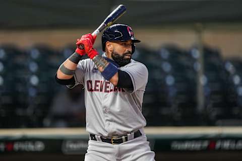 MINNEAPOLIS, MN – JULY 30: Sandy Leon #9 of the Cleveland Indians bats against the Minnesota Twins on July 30, 2020 at Target Field in Minneapolis, Minnesota. (Photo by Brace Hemmelgarn/Minnesota Twins/Getty Images)