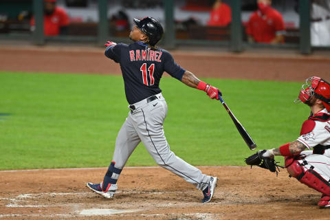 CINCINNATI, OH – AUGUST 3: Jose Ramirez #11 of the Cleveland Indians bats against the Cincinnati Reds at Great American Ball Park on August 3, 2020 in Cincinnati, Ohio. (Photo by Jamie Sabau/Getty Images)