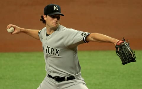 ST PETERSBURG, FLORIDA – AUGUST 08: Gerrit Cole #45 of the New York Yankees pitches during Game 1 of a doubleheader against the Tampa Bay Rays at Tropicana Field on August 08, 2020 in St Petersburg, Florida. (Photo by Mike Ehrmann/Getty Images)