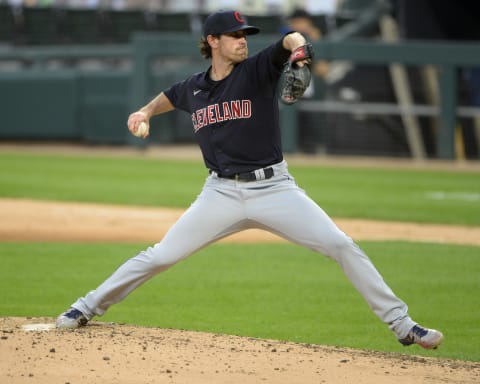 CHICAGO – AUGUST 09: Shane Bieber #57 of the Cleveland Indians pitches against the Chicago White Sox on August 9, 2020 at Guaranteed Rate Field in Chicago, Illinois. (Photo by Ron Vesely/Getty Images)