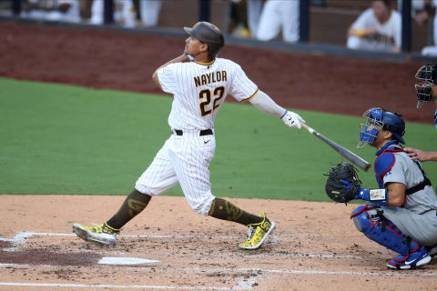 SAN DIEGO, CA – AUGUST 4: Josh Naylor #22 of the San Diego Padres bats during the game against the Los Angeles Dodgers at Petco Park on August 4, 2020 in San Diego, California. The Dodgers defeated the Padres 5-2. (Photo by Rob Leiter/MLB Photos via Getty Images)