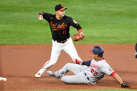 BALTIMORE, MD – AUGUST 14: Jose Iglesias #11 of the Baltimore Orioles forces out Juan Soto #22 of the Washington Nationals at Oriole Park at Camden Yards on August 14, 2020 in Baltimore, Maryland. (Photo by G Fiume/Getty Images)