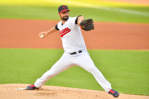 CLEVELAND, OHIO – AUGUST 21: Starting pitcher Adam Plutko #45 of the Cleveland Indians pitches during the first inning against the Detroit Tigers at Progressive Field on August 21, 2020 in Cleveland, Ohio. (Photo by Jason Miller/Getty Images)