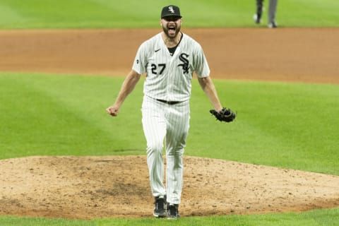 CHICAGO – AUGUST 25: Lucas Giolito #27 of the Chicago White Sox reacts after recording the final out of his no-hitter after Erik Gonzalez #2 of the Pittsburgh Pirates flied out to right field in the top of the ninth inning on August 25, 2020 at Guaranteed Rate Field in Chicago, Illinois. (Photo by Ron Vesely/Getty Images)