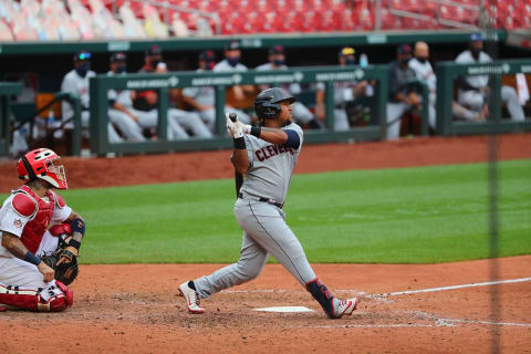 ST LOUIS, MO – AUGUST 29: Jose Ramirez #11 of the Cleveland Indians delivers a pitch against the St. Louis Cardinals at Busch Stadium on August 29, 2020 in St Louis, Missouri. (Photo by Dilip Vishwanat/Getty Images)