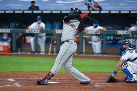 KANSAS CITY, MO – SEPTEMBER 2: Franmil Reyes #32 of the Cleveland Indians hits in the first inning at Kauffman Stadium on September 2, 2020 in Kansas City, Missouri. (Photo by Ed Zurga/Getty Images)