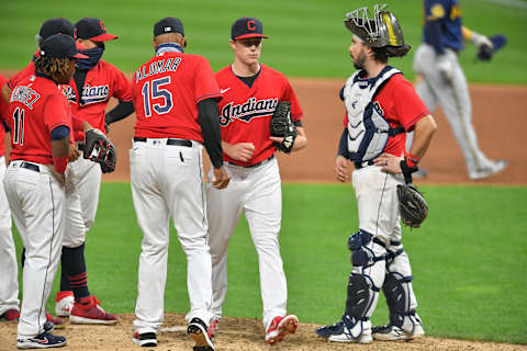 CLEVELAND, OHIO – SEPTEMBER 04: Interim manager Sandy Alomar Jr. #15 removes relief pitcher Phil Maton #88 of the Cleveland Indians from the game during the seventh inning against the Milwaukee Brewers at Progressive Field on September 04, 2020 in Cleveland, Ohio. (Photo by Jason Miller/Getty Images)