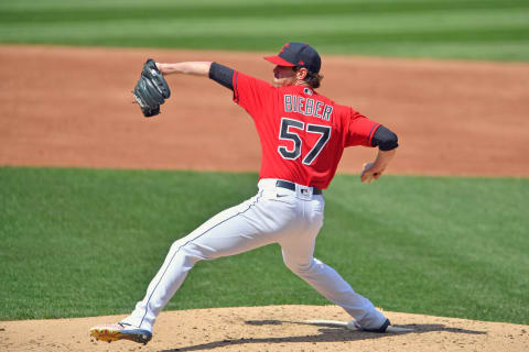 CLEVELAND, OHIO – SEPTEMBER 06: Starting pitcher Shane Bieber #57 of the Cleveland Indians pitches during the third inning against the Milwaukee Brewers at Progressive Field on September 06, 2020 in Cleveland, Ohio. (Photo by Jason Miller/Getty Images)